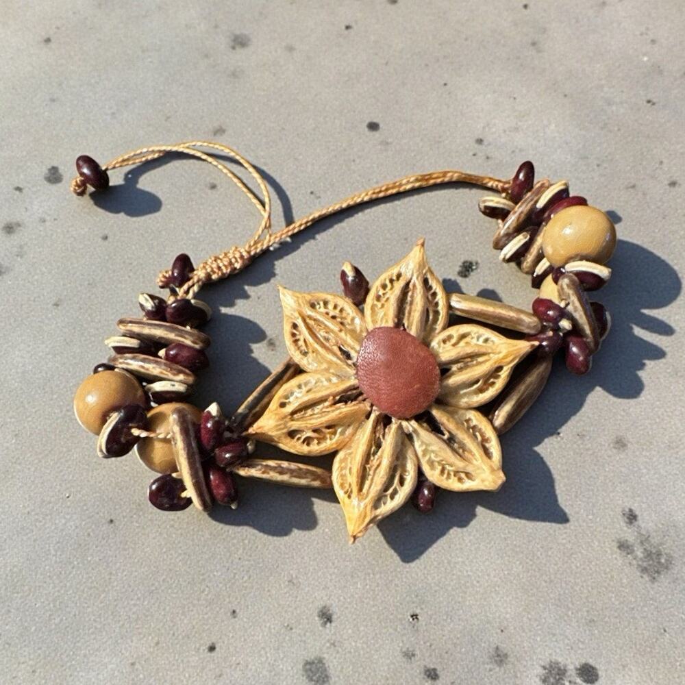 Handcrafted Adjustable Bracelet Natural Seed Beads Floral Design Bohemian Style